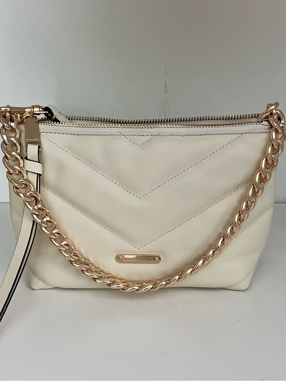 NWT Rebecca Minkoff Edie Cream Leather Crossbody with Gold Chain Strap